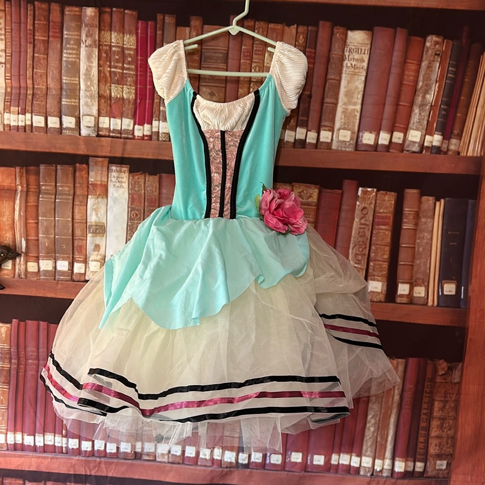 Curtain Call MC Ballet Dance Costume Aqua Ivory Tutu Pink Flower Recital
